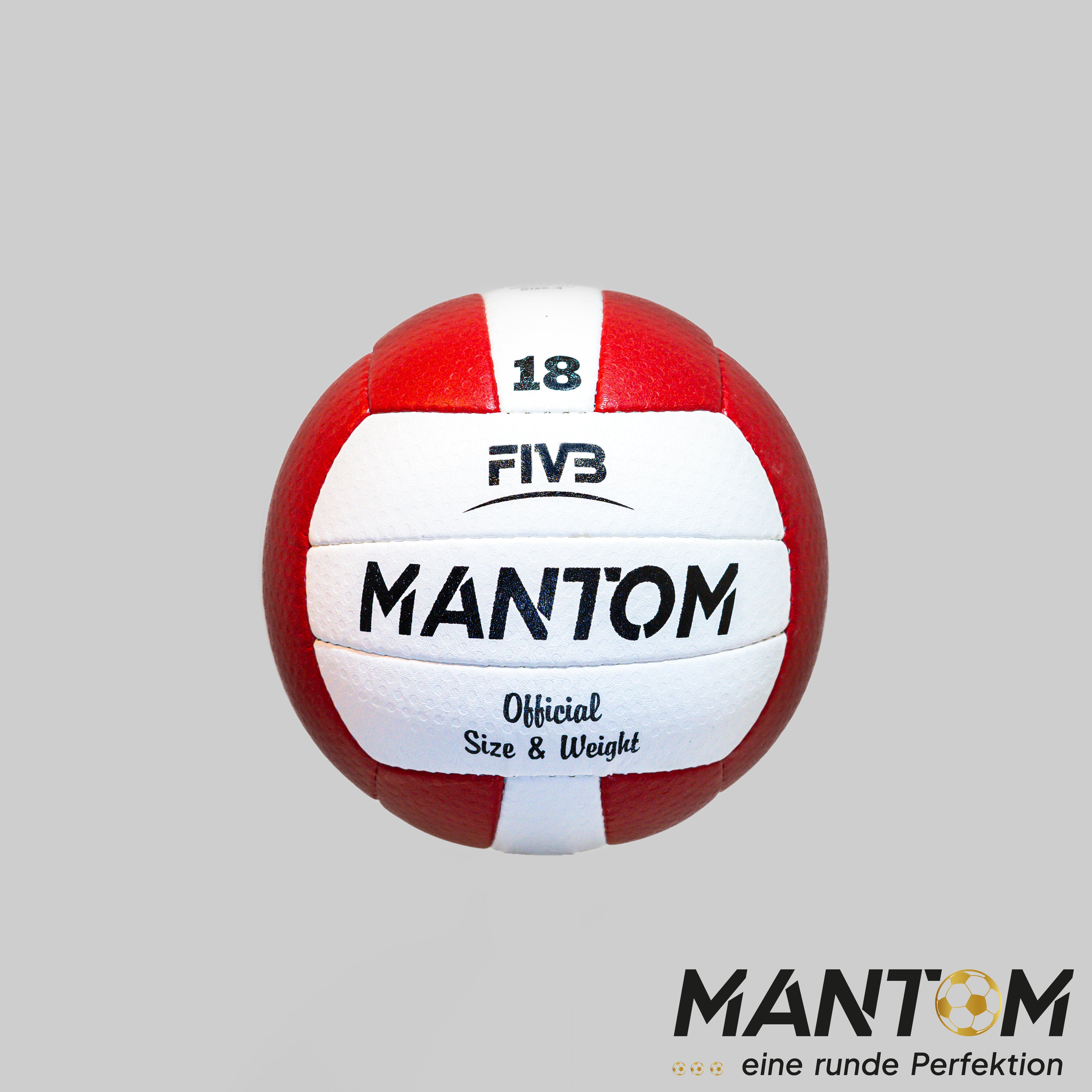 Ein rot-weißer Jupiter I Volleyball mit der schwarzen Aufschrift 'MANTOM'. Oberhalb stehen 'FIVB' und die Zahl '18', darunter 'Official Size & Weight'.